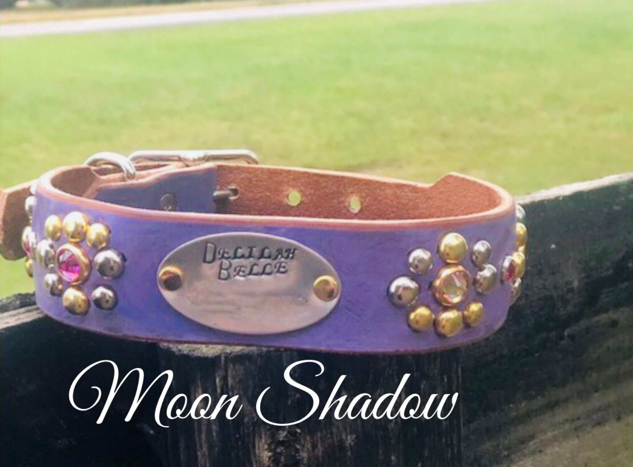 Lavender Moon Shadow Leather Dog Collar, Boho leather dog collar with