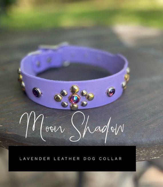 Boho Lavender Leather Dog Collar, Rhinestone Bling, Girly