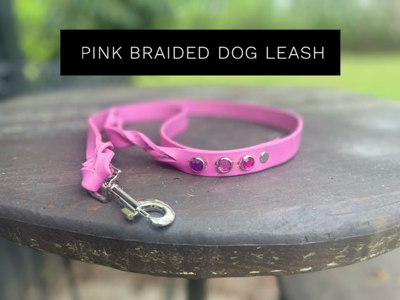 Braided pink leather dog leash , dog leash set customizable, pink leather braided dog lead