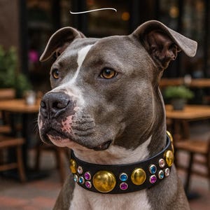 Celestial pattern Leather Dog Collar, Moon & Star Rhinestone design , Personalized name tag available