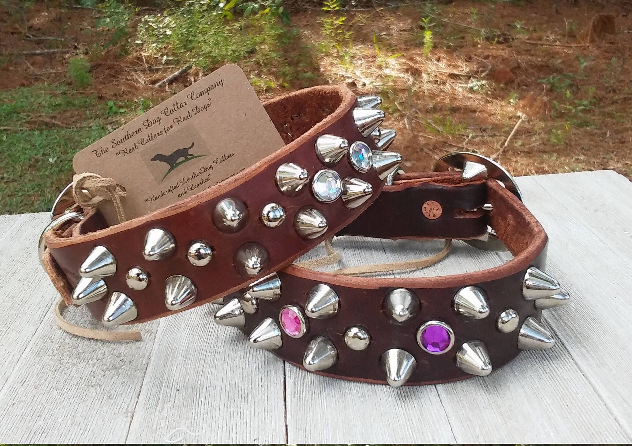 Brown leather dog collar for large breed dogs in pretty in studs silver
