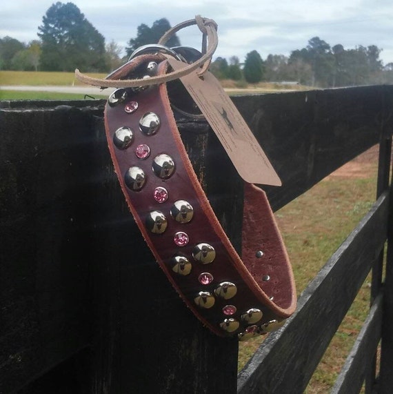 Brown leather dog collar with silver studs and pink rhinestones-small breed dog collar- great dane collar - girly bling collar