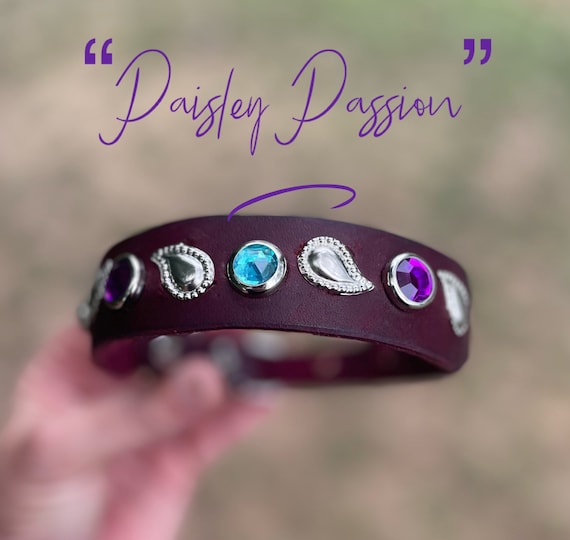 1 inch wide  Boho leather dog collar in  Paisley passion- hippie  dog collar, small breed dog collar-great dane collar-custom collar