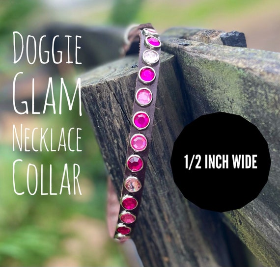 Thin Leather Dog Collar with Rhinestone Gems, Adjustable Glam Necklace