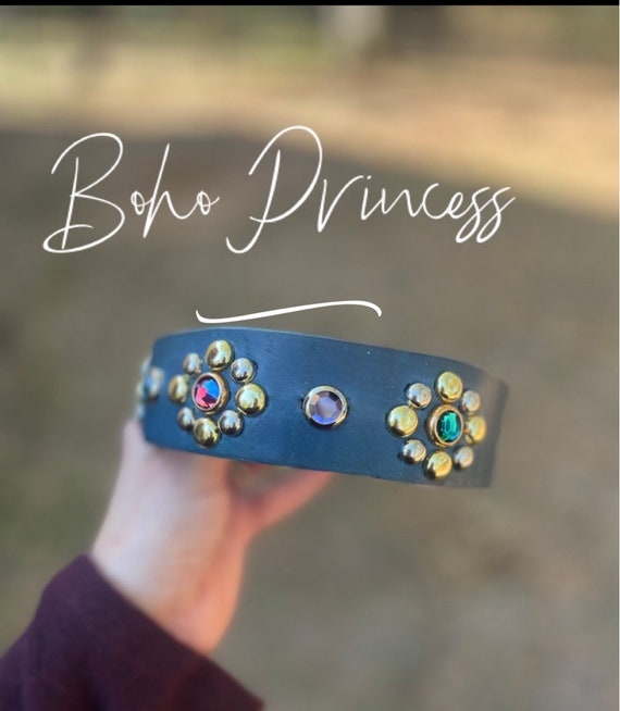 Boho leather  dog collar,leather turquoise, pink bling hippie collar, bohemian dog collar,girly dog,Doberman collar,English bulldog collar