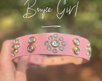 Blush Pink Leather Dog Collar, Diamond Rhinestone Girly Collar