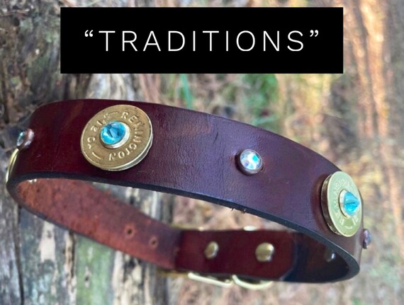 Rustic vintage brown leather dog collar with buckle and  rhinestone bling, 12 gauge ammo brass-shotgun shell dog collar-hunting dog collar