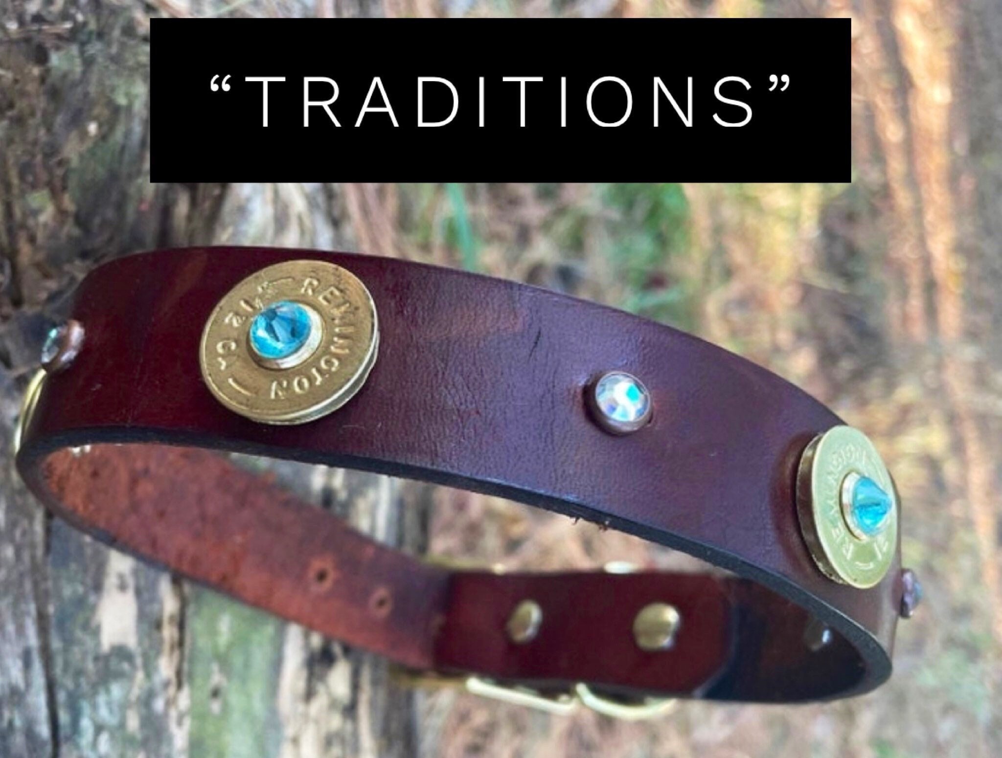 Rustic vintage brown leather dog collar with buckle and rhinestone bling, 12 gauge ammo brass