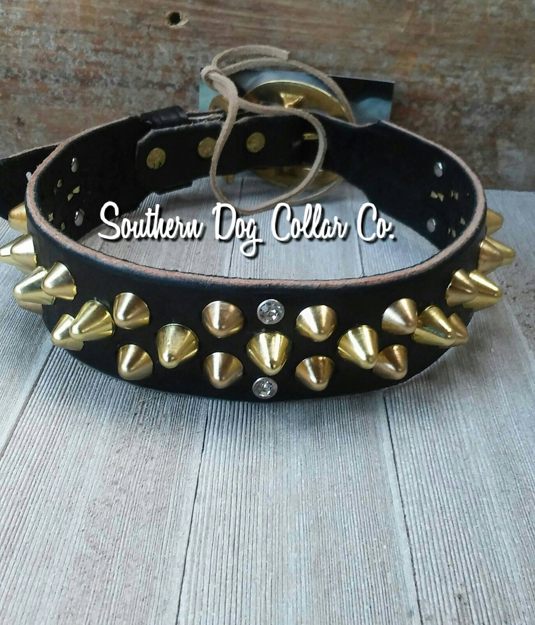 2 inch wide leather and brass studded dog collar bully breed leather