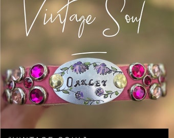 vintage Soul leather dog collar w/rhinestone crystal-Boho dog collar for girl dog-great dane studded collar with rhinestone crystal