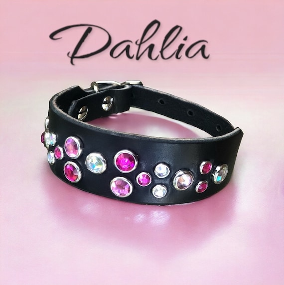 Dahlia hot pink leather dog collar with pink diamond rhinestone crystal-beautiful girly  dog collar beautiful collar- wide Doberman collar