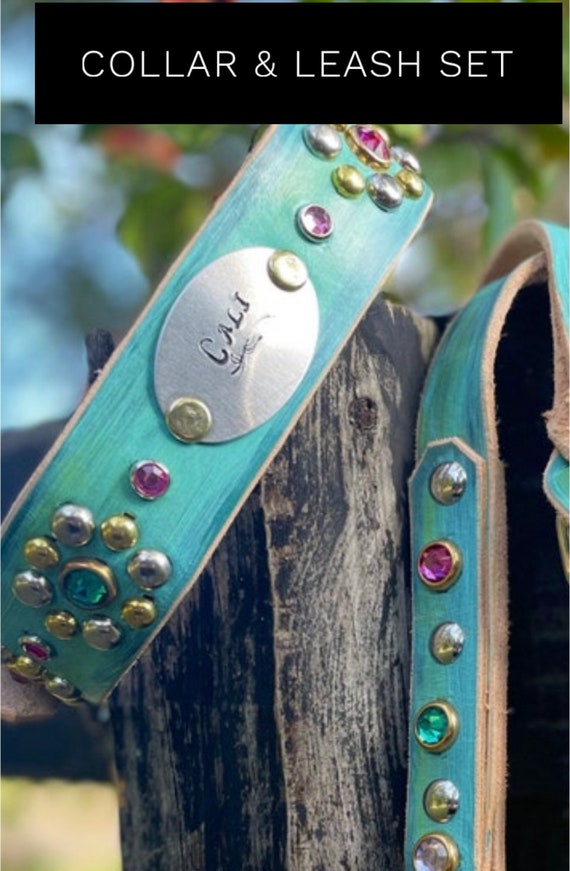 Boho custom leather dog collar w/matching leash in "Boho Princess" w/Personalized name tag-collar with bling for small, medium or large dogs