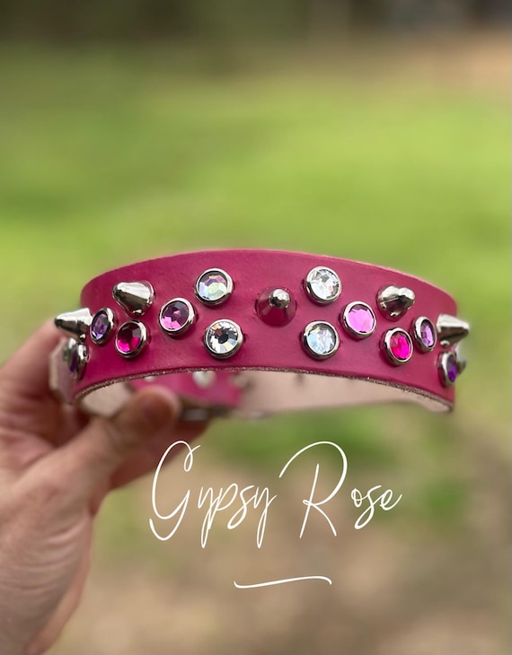 Hot pink dog collar leather in “Gypsy Rose”studded dog collar with rhinestone crystal female dog collar-pitbull collar-spiked leather collar