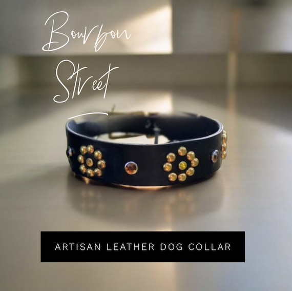 Designer dog collar leather, floral pattern, wide dog collar for large dog with leather brass studs and gems