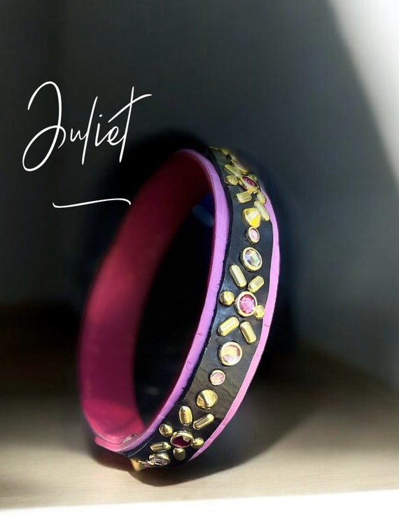 Artisanal double layer leather dog collar pink and black leather  rhinestones and brass studs-pitbull collar- Great Dane collar double layer