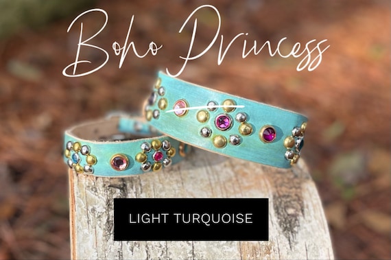 Bohemian inspired Turquoise rhinestone Leather Dog Collar,, Girly Puppy Collar-trendy dog collar custom nameplate available