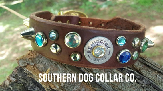 Designer genuine leather Dog collar with 12 gauge ammo- heavy duty dog collar-minimalist dog collar-xs small dog collar-new puppy collar