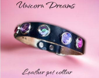Unicorn Dreams Leather Cat Collar, Pink Lavender Rhinestones, Small Dog Puppy Collar