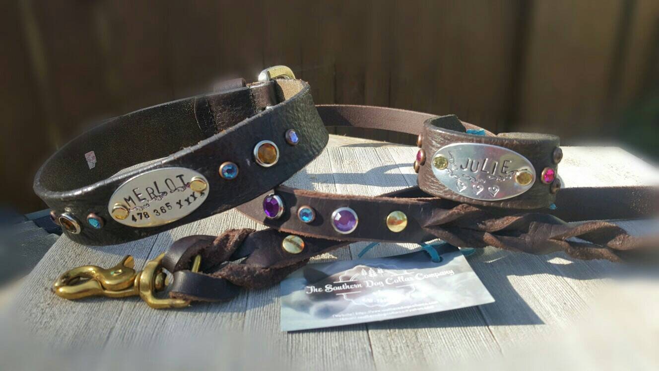 Lola Belle” leather Dog Collar with matching leather dog leashDog