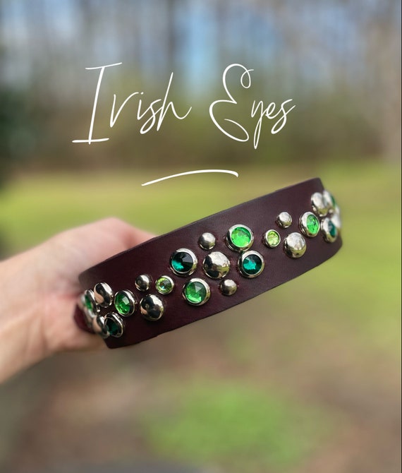 evergreen collar, leather gemmed dog collar customizable, genuine leather dog collar with real bling, large dog collar, small dog collar