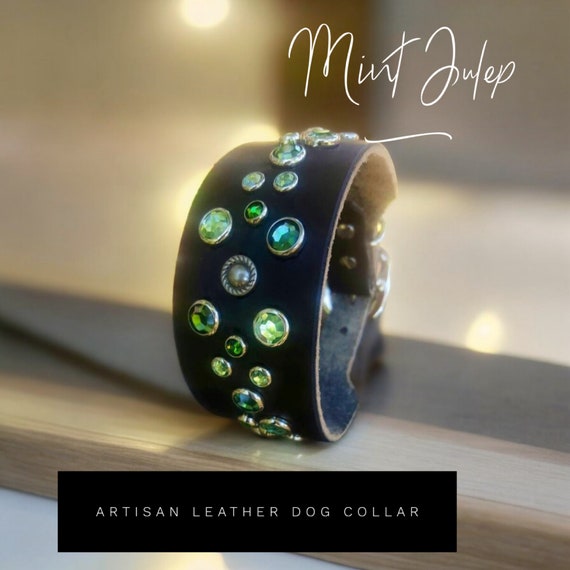 Designer genuine leather Irish dog collar w/ emerald green bling and silver spots-collar for Xlg dog-bully collar,boy puppy collar