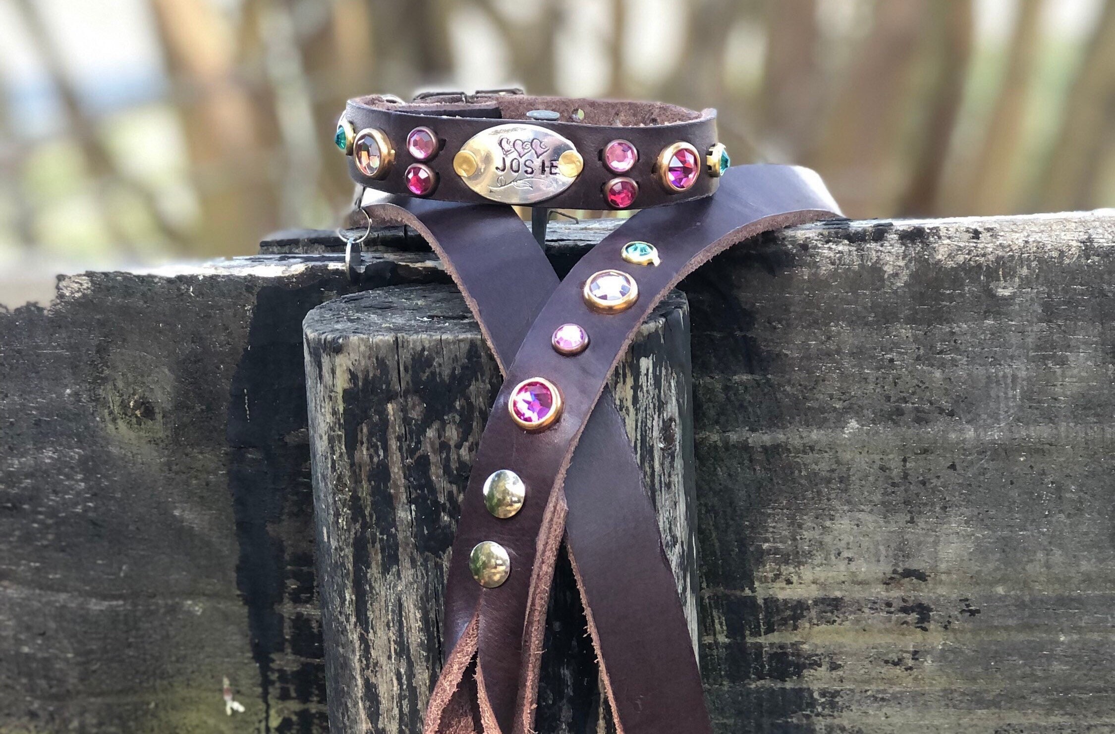Lola Belle” leather Dog Collar with matching leather dog leashDog