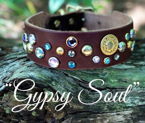 Designer Leather Dog Collar, Rhinestone Brass, Bohemian Style,durable leather,customizable,name tag available