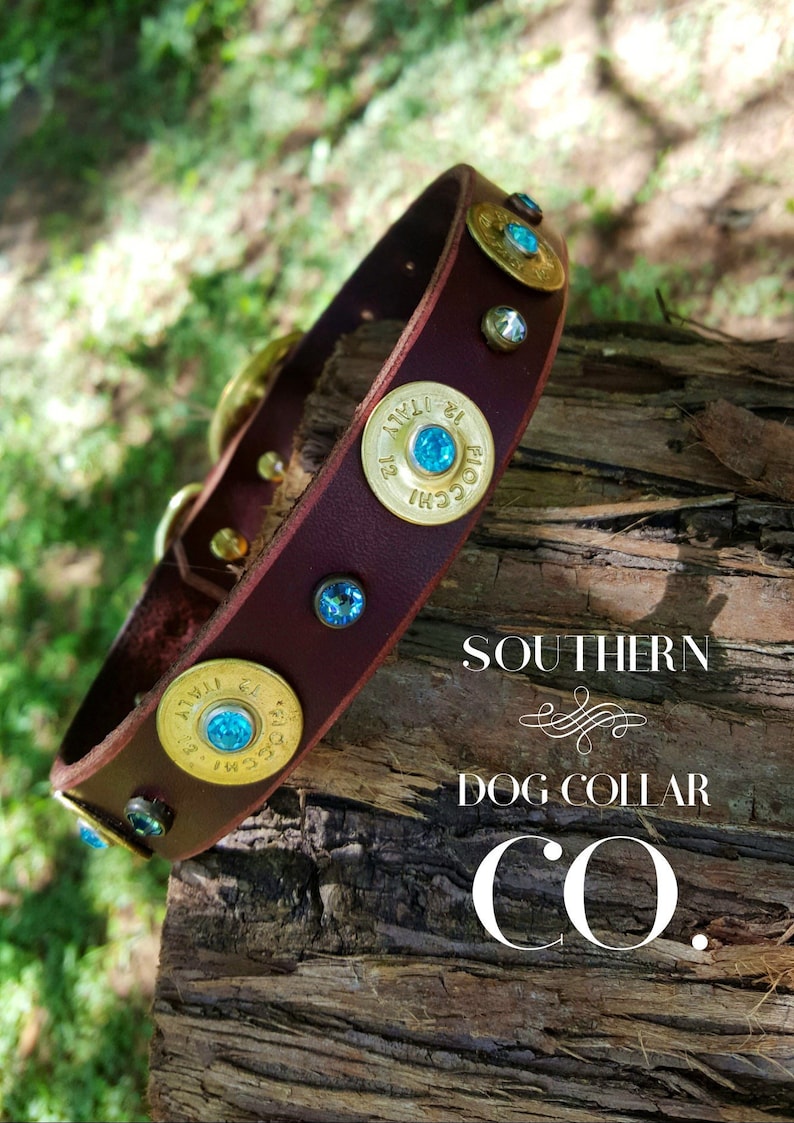 Op de afbeelding: Een bruine leren hondenriem met gouden schotpatronen accenten en blauwe strass steentjes. De riem ligt op een houten oppervlak met de tekst "SOUTHERN DOG COLLAR CO." eronder gedrukt.