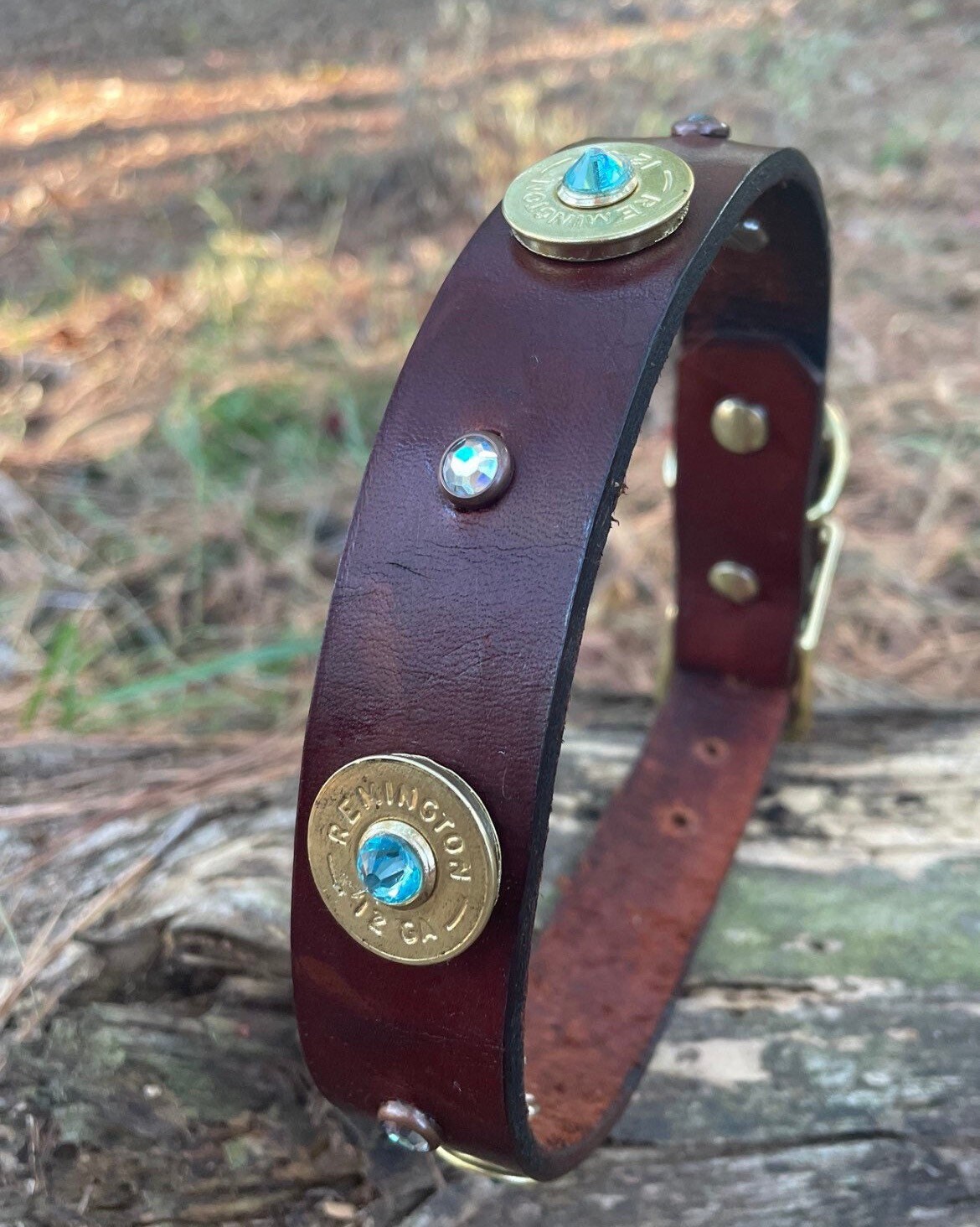 Rustic vintage brown leather dog collar with buckle and rhinestone bling, 12 gauge ammo brass