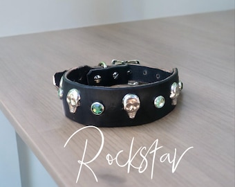 Custom  Black Leather skull studded Dog Collar, Rhinestone crystal Trendy dog collar-made with durable leather USA