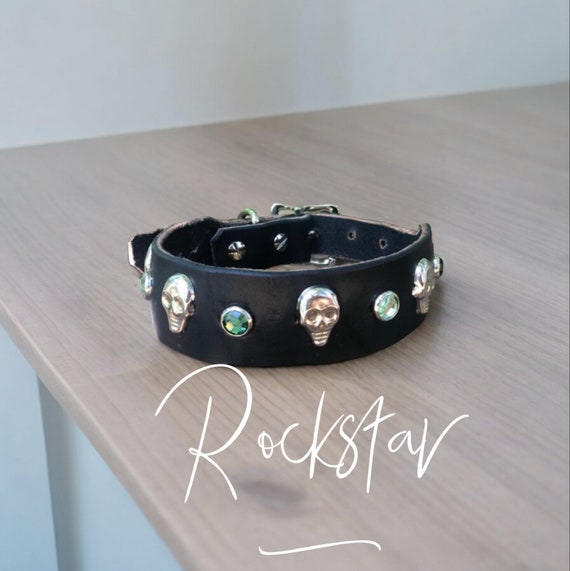 Studs and Skulls black Leather Dog Collar with  silver skulls and diamond rhinestone bling for boy biker dog-xxs-xxl dog collar
