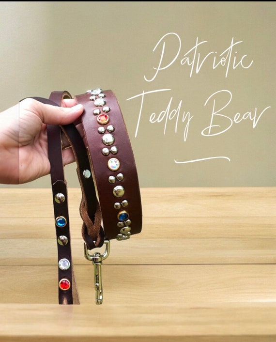 1.5 inch patriotic  leather dog collar w/ red, white and blue rhinestone bling w/ 4ft leash set -bridle leather for xlg dog,Doberman collar