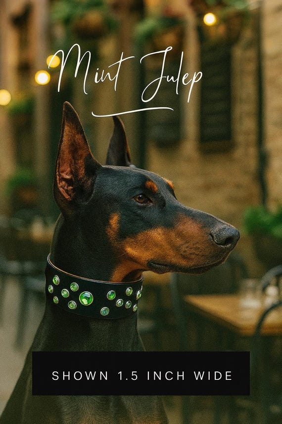 Designer sparkling genuine leather Irish dog collar w/ emerald green bling and silver spots-collar for Xlg dog-bully collar,diamanté