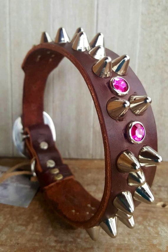 Anarchy Wide Brown leather dog collar for large breed dogs with silver spikes and rhinestone dog collar 2 inch wide available for Great Dane