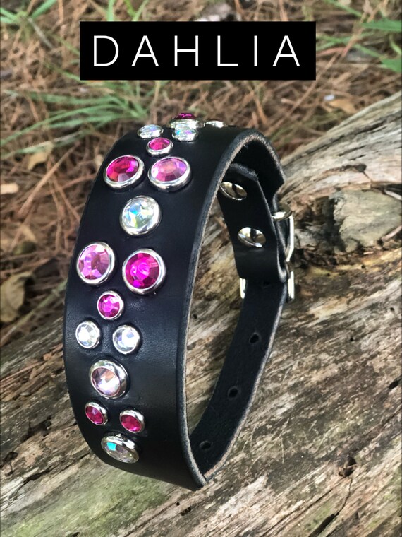 Dahlia hot pink leather dog collar with pink diamond rhinestone crystal-beautiful girly  dog collar beautiful collar- wide Doberman collar