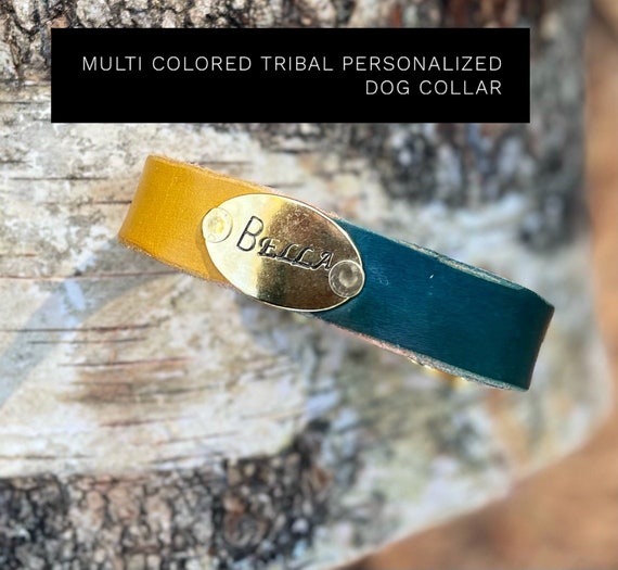 Multi colored leather dog collar, Personalized dog name tag-hand stamped dog tag collar, Pride dog collar, Aztec dog collar-tribal collar