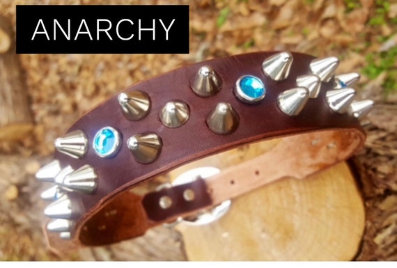 Brown leather dog collar with silver  spikes- dog collar studded with custom  rhinestone bling-2 inch wide available  for great dane