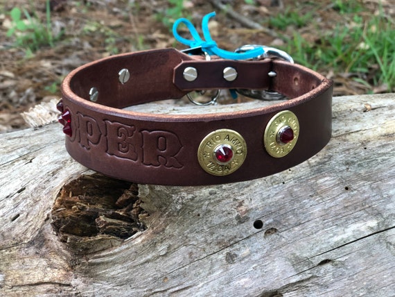 Personalized dog collar with hand stamped name-Brown leather name collar with rhinestone bling for large dogs
