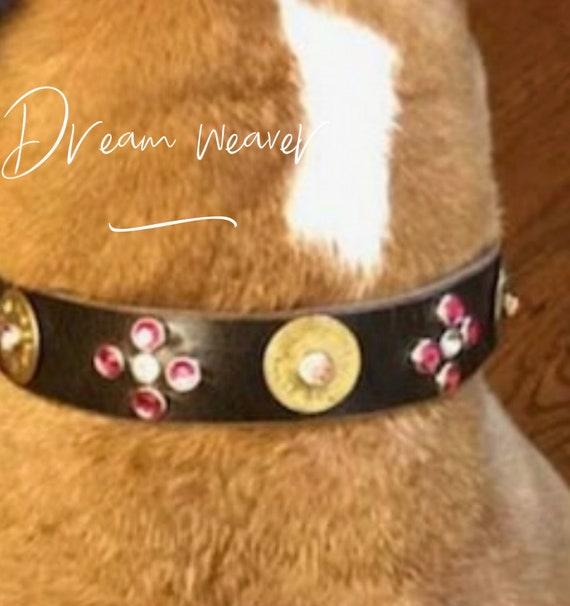 genuine leather dog collar, ammo dog collar with brass shot gun shell ammo and pink and diamond bling-dog collar girl-dog collar Remington