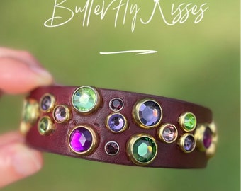 Genuine Leather Dog Collar, Pink Green Crystal, Girly Puppy Collar