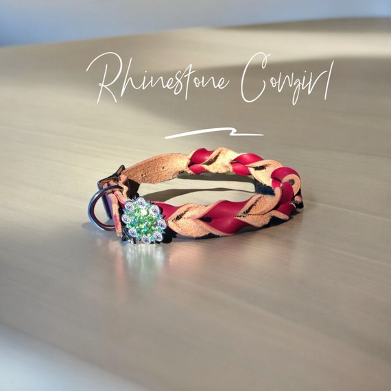 Western braid  leather dog collar with rhinestone concho-red dog collar for small, medium or large dog with fancy green  bling in 1” wide