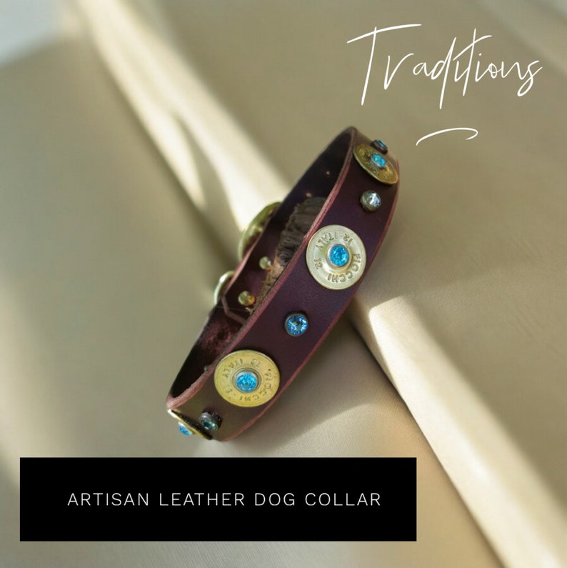 Op de afbeelding: Een bruine leren hondenriem met gouden schotpatronen en blauwe strasssteentjes. De riem ligt op een beige oppervlak en de tekst "Traditions" is in cursief boven de riem geschreven.