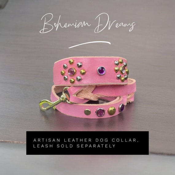 Floral leather dog collar in Bohemian Dreams" girly collar w/brass and silver studs-dog collar girl-small, med, large dog collar