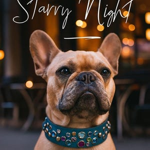 Boho artsy  blue leather dog collar xxs, celestial moon dog collar boy, xxl fancy female dog collar, French bulldog collar blue bling