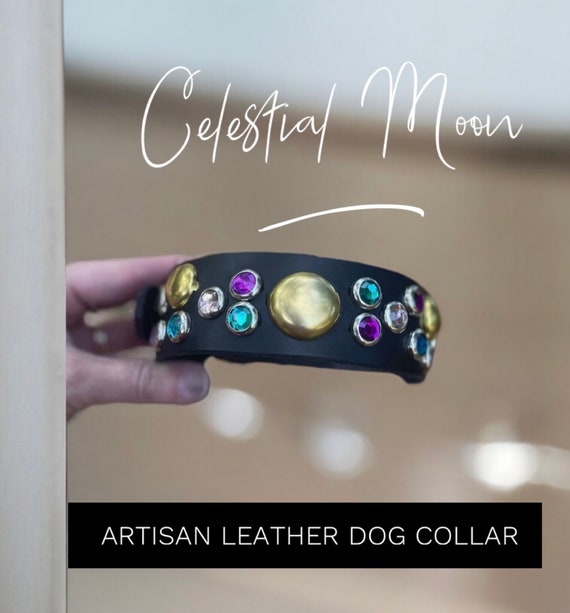 Unique Celestial Moon pattern leather dog collar personalized silver star collar with colorful rhinestone-dog collar with stars galaxy moon