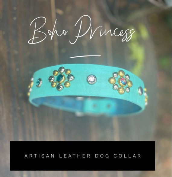 Boho dog collar flower leather turquoise ,pink rhinestone boho collar-girly collar for pitbull puppy-teal dog collar-bohemian collar dog