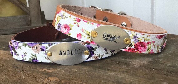 Floral leather dog collar in  "Charleston" pretty floral pattern w/ natural leather dog collar with name tag for small, medium, large dog