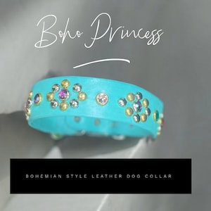 Boho dog collar  turquoise leather  with rhinestone  bling, hipp dog collar-girly collar for puppy, teal dog collar, stylish designer collar