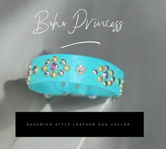 Boho dog collar  turquoise leather  with rhinestone  bling, hipp dog collar-girly collar for puppy, teal dog collar, stylish designer collar