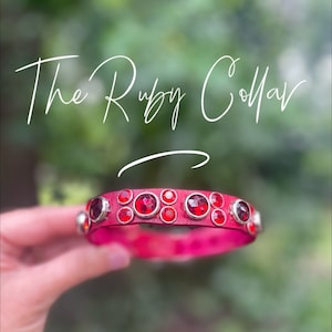 The Ruby Collar, red leather and red rhinestone bling collar xxs-beautiful girly  dog collar beautiful collar- wide Doberman collar